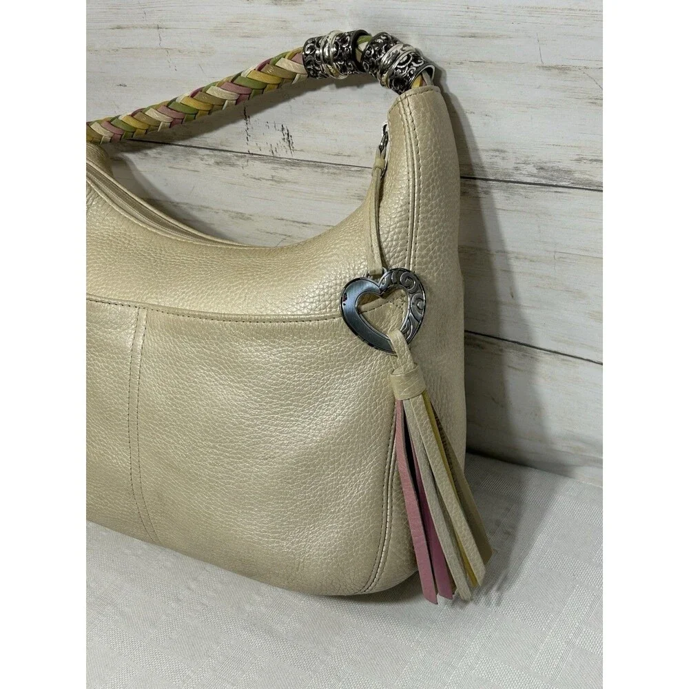 BRIGHTON Ivory Pebbled Leather Multi-Color Woven Shoulder Strap Bag Purse vtg.